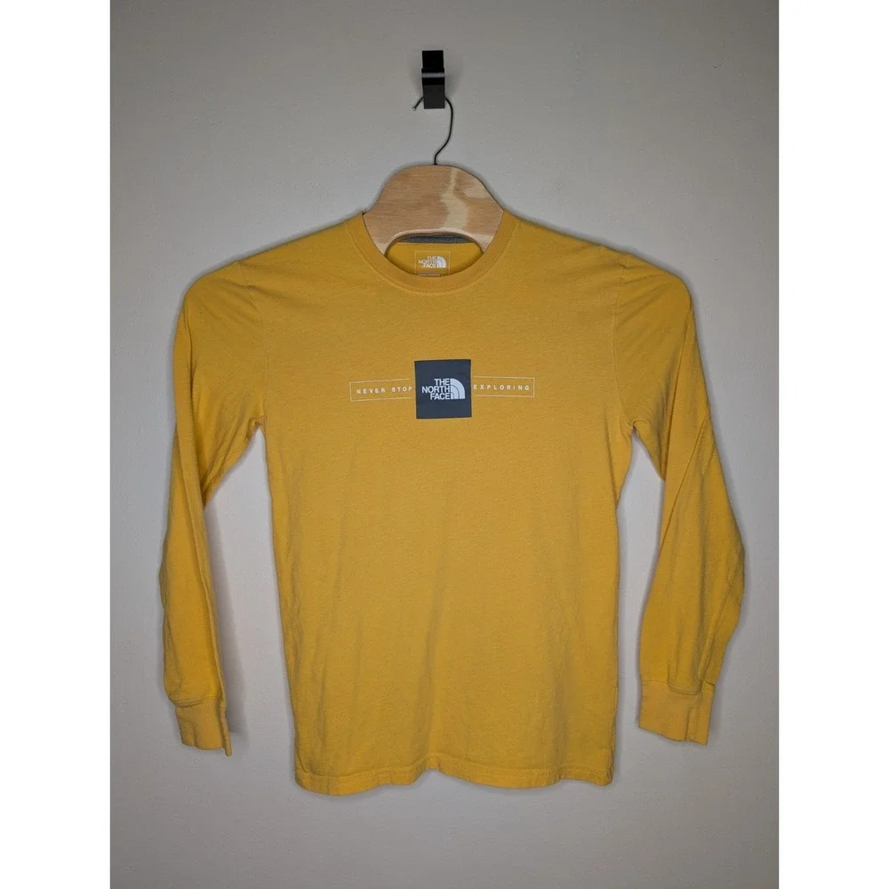 The North Face‎ Long Sleeve T Shirt Adult Small Yellow Never Stop Exploring Logo